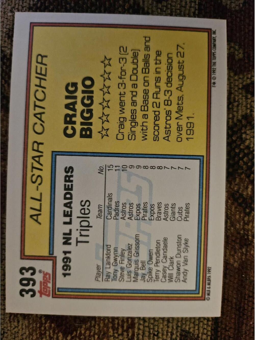 1992 Topps Baseball Card All-Star Craig Biggio #393 Houston Astros - Picture 2 of 2
